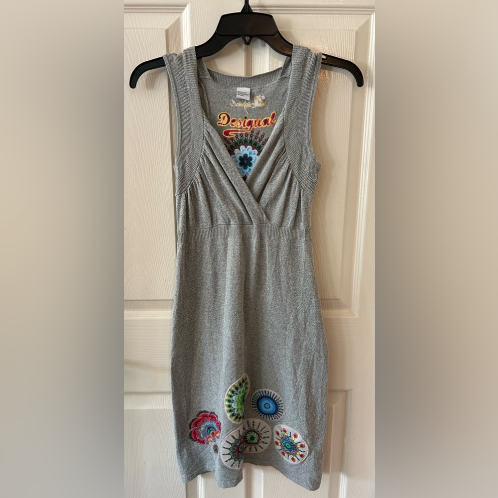 Desiguel tank top dress, gray cotton dress size S, summer embroidered patchwork